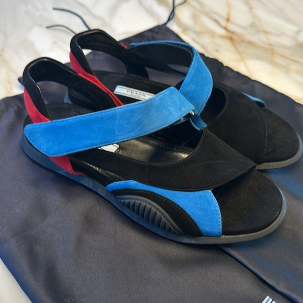 Prada Black and Blue Suede Sandals